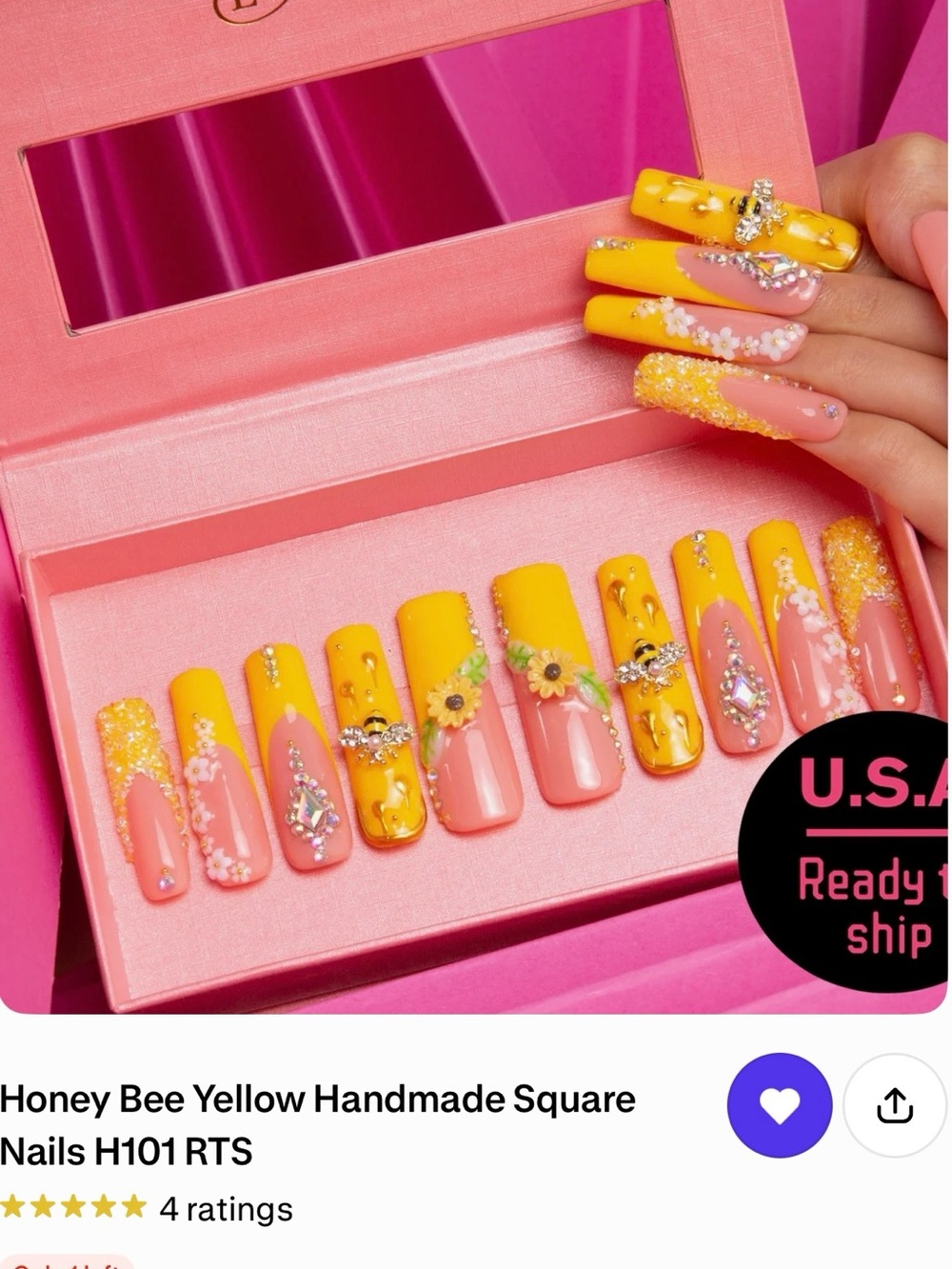 Honey Belle Yellow & Pink Floral Rhinestone Press-On Nails